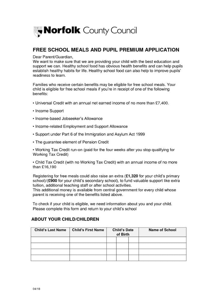 thumbnail of Free School Meals and Pupil Premium Form